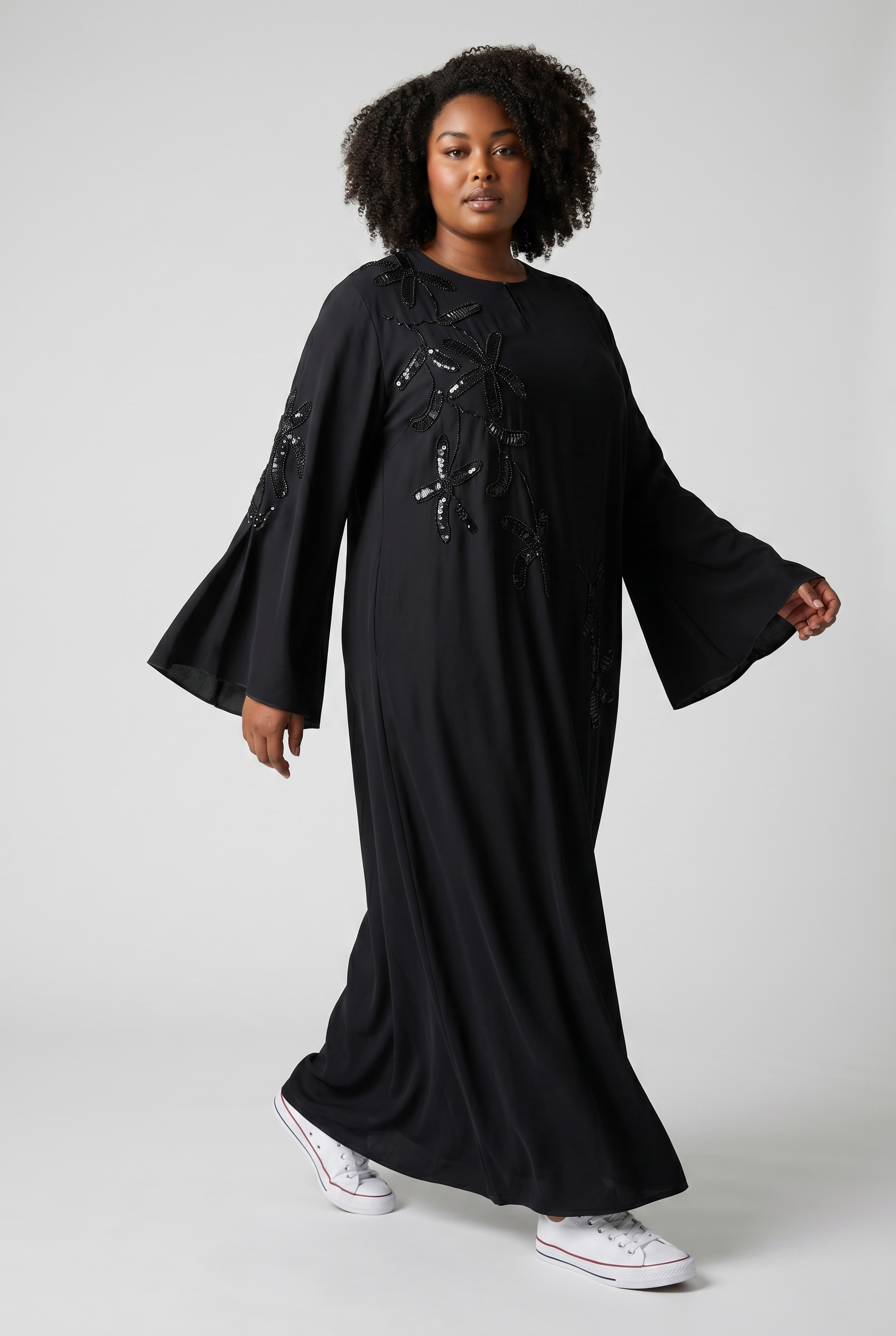 Black Sequin Embroidered Abaya | Luxury Bell Sleeve Modest Dress | Miskys