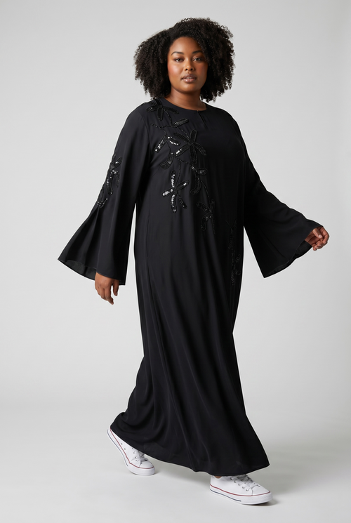 Black Sequin Embroidered Abaya | Luxury Bell Sleeve Modest Dress | Miskys