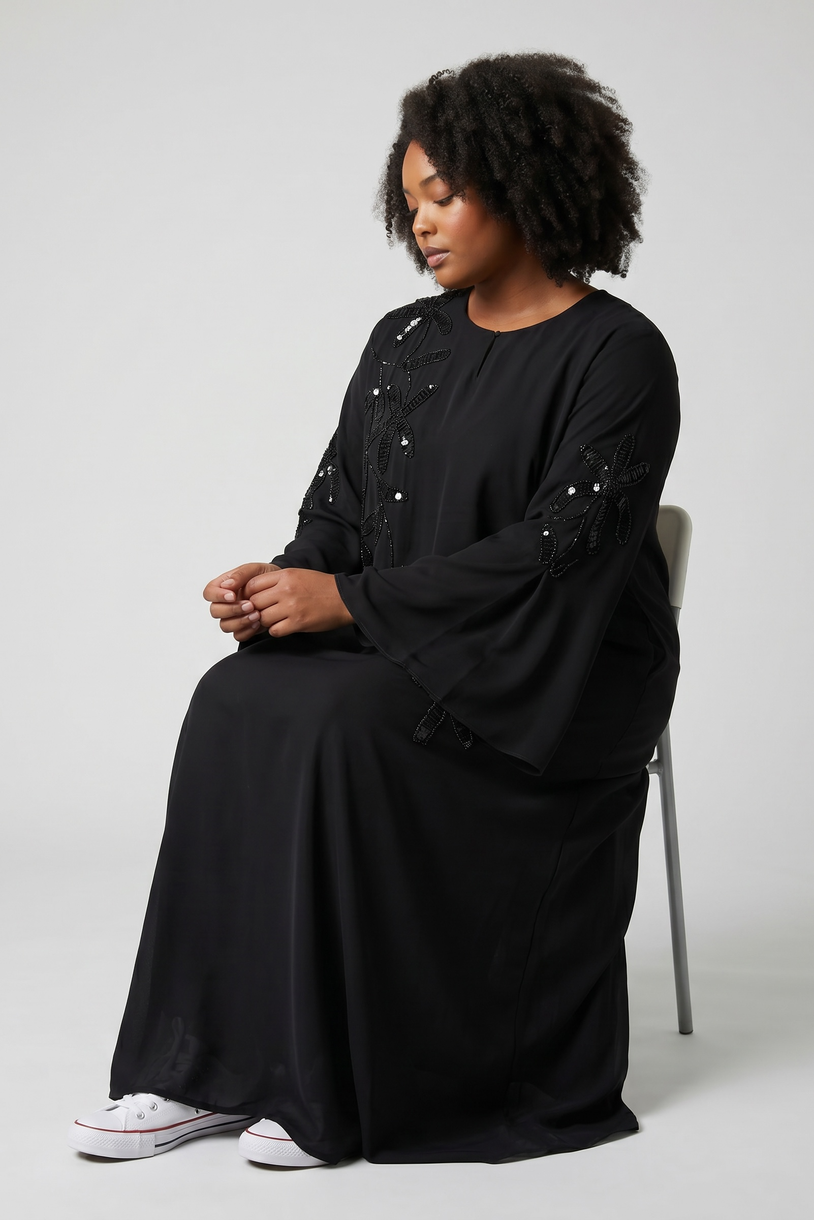 Black Sequin Embroidered Abaya | Luxury Bell Sleeve Modest Dress | Miskys